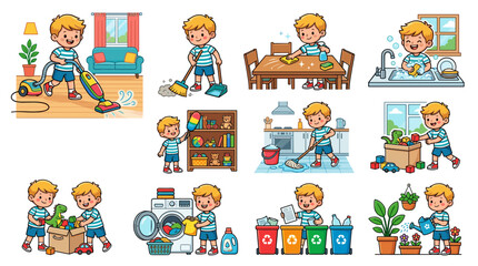 Naklejka premium Little Boy Cleaning House Activities and Domestic Chore Icons Set for Children