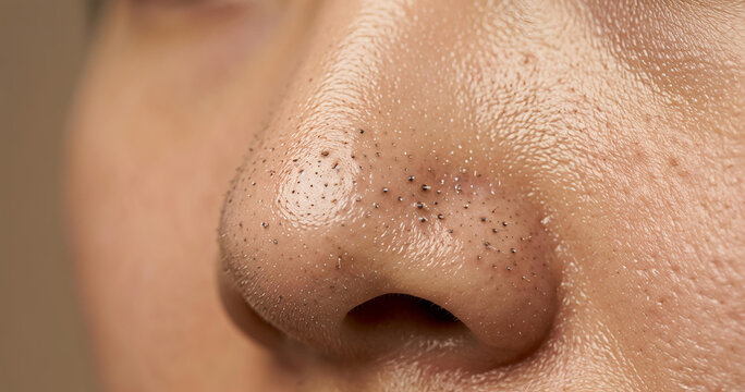 Macro shot of severe blackheads and clogged pores on nose skin