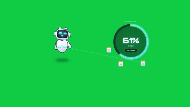 AI robot assistant cleans and frees up storage space on green screen chroma key background