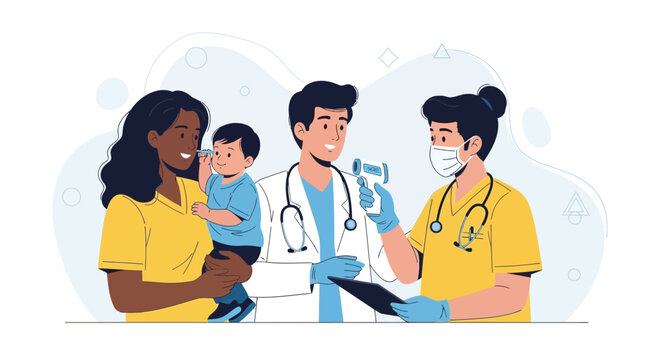 Mother and Child at Medical Check-up: Doctor Uses Infrared Thermometer for Temperature Scan