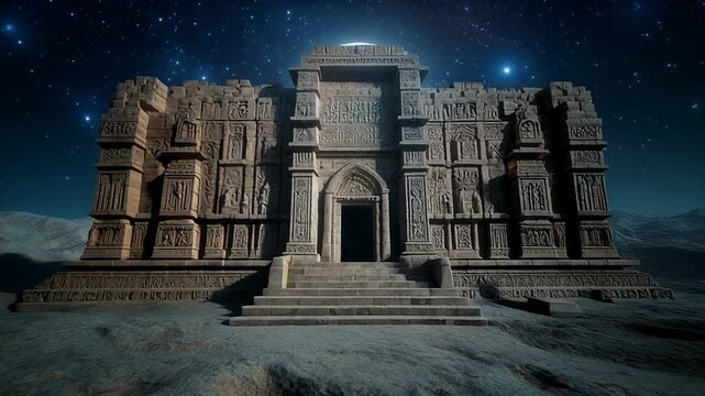 Ancient stone tomb of hegra under full moon at night