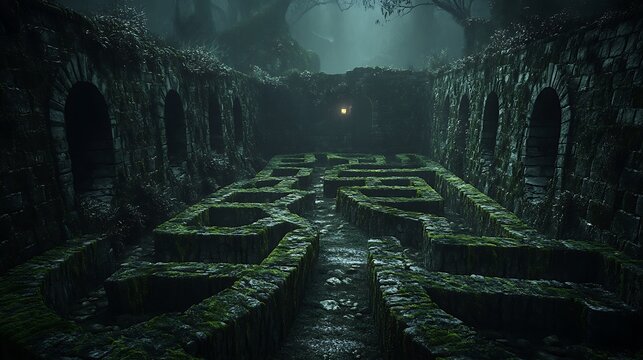 Mossy stone maze, forest, night, lantern, game
