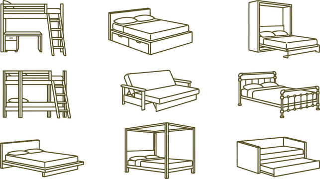 Assorted bed types and sleeping furniture line featuring bunk beds, canopy beds, trundle beds, sofa beds, and storage beds for home
