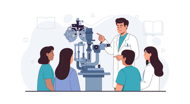 Ophthalmologist teaching students about eye examination with slit lamp, vector illustration