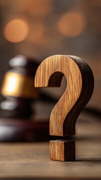 Wooden question mark symbol in sharp focus with blurred judge gavel in the background representing legal inquiries, justice, and courtroom dilemmas in soft lighting