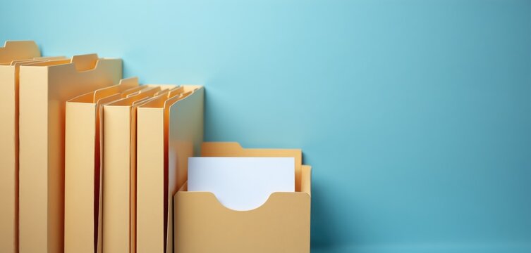 Organized file folders in varying sizes stacked neatly. One folder holds a white blank card for easy identification. Background is plain blue.
