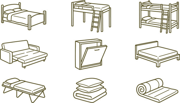 Collection of various bed types including bunk beds, sofa beds, and folding beds in a simple line style on a white background