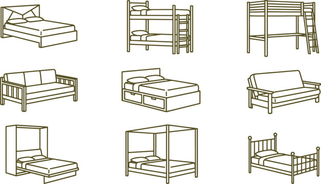 Collection of various bed types and bedroom furniture including bunk beds, loft beds, sofa beds, and canopy beds on white background