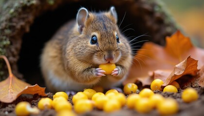 Obraz premium Small brown vole mouse sits by burrow entrance eating yellow berry. Autumn leaves surround rodent in forest floor habitat. Wild animal collecting food for winter storage.