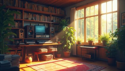 Obraz premium Cozy room with bookshelves, plants, musical instruments. Sunlight streams through window, illuminating peaceful study, music creation space. Home studio offers calm creative environment for hobbies.
