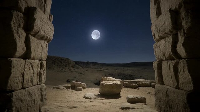 Full moon shining through the ancient stone gates of hegra at night