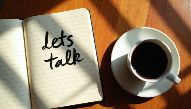 Open notebook with Lets talk written on page, next to coffee cup. Wooden table background with sun light shadows. Morning meeting setup. Communication concept. Business chat.