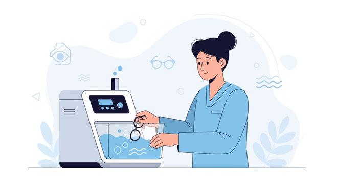 Optometrist or technician cleaning eyeglasses in specialized ultrasonic cleaning machine, modern healthcare concept