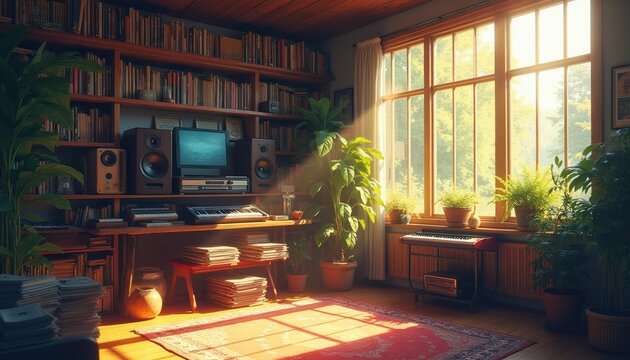 Cozy room with bookshelves, plants, musical instruments. Sunlight streams through window, illuminating peaceful study, music creation space. Home studio offers calm creative environment for hobbies.