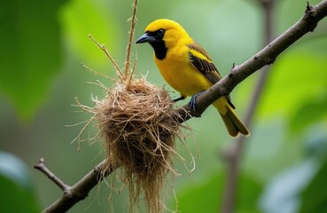 Obraz premium Bright yellow bird perches on branch near its woven nest. Weaver bird with dark mask is ready to build more. Wild nature, zoology, wildlife, avian family life.