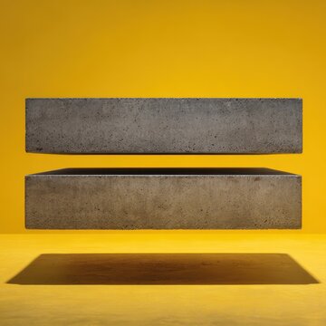 Two large rectangular concrete blocks floating parallel above a bright yellow surface casting distinct shadows in a minimal abstract composition