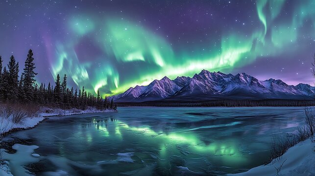 Northern Lights dancing over snowy mountains, reflecting on a frozen lake at night
