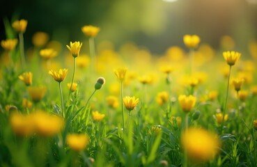 Obraz premium Field of yellow wildflowers blooming in bright sunlight. Green stems and leaves grow tall. Soft focus background creates bokeh effect. Nature scene.