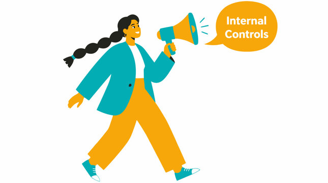 Woman holding megaphone with internal controls text.