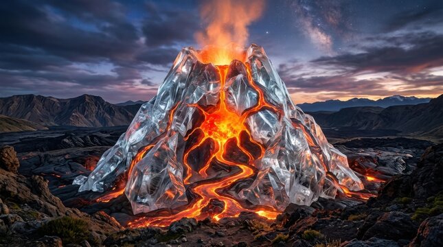 Erupting volcano with lava flow