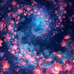 Dreamy Pink Cherry Blossoms Spiraling in a Deep Blue Starry Nebula Sky