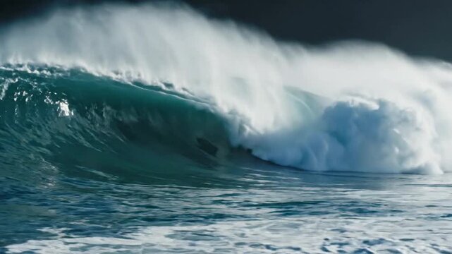 Powerful crashing ocean wave in deep blue sea, massive breaking surf with sea spray and splashing water for nature and adventure backgrounds