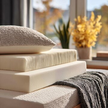 Soft textured pillow resting on layered memory foam mattress toppers with knitted blanket in cozy sunlit bedroom setting with blurred plant decor background
