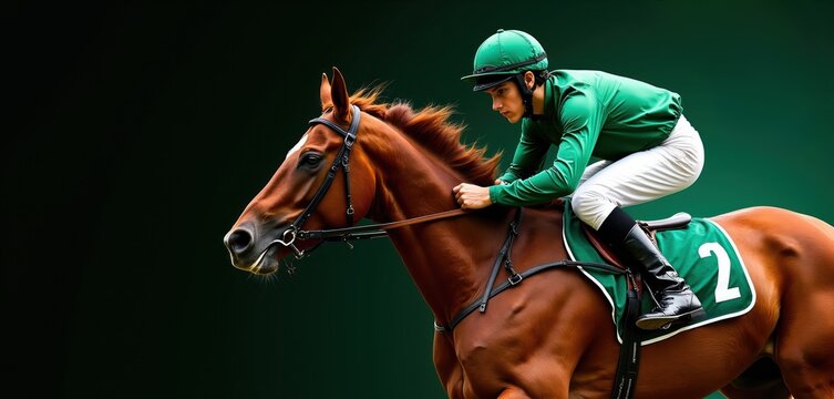 Racehorse, jockey wear green silks, compete at track. Horse gallops fast, jockey steers, focused on win. Equestrian sport, speed, power, agility, thoroughbred. Professional athlete trains for