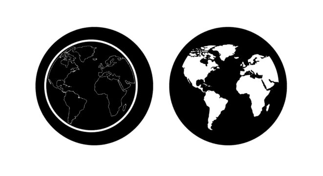 Minimal black silhouette icon, simple flat vector, bold black shape, no, no shading set of two circular globe icons with world map silhouettes on a, flat icon style