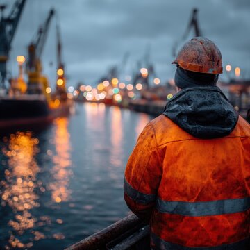 Worker in reflective orange jacket and helmet observing a harbor with cranes and glowing lights during an overcast evening near the water's edge