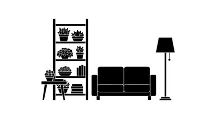 Fototapeta premium Minimal black silhouette icon, simple flat vector, bold black shape, no, no shading living room interior with sofa, floor lamp, bookshelf and potted plants on a, flat icon style
