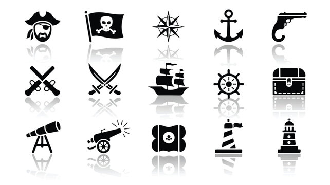 Pirate-themed icons including a ship, telescope, and cannon are displayed on a white background with a pirate, flag, swords, and other nautical symbols.