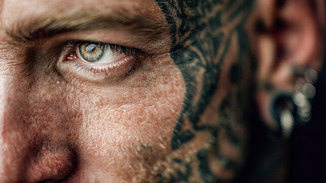 Extreme close-up of a person?s intense gaze showcasing detailed textured skin, vibrant eye color, intricate face tattoos, and multiple ear piercings with metallic je
