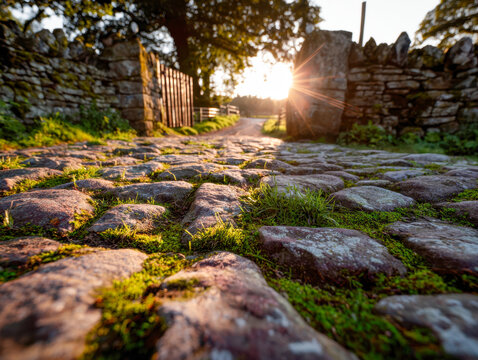 Sunlight shining through an old stone gate illuminating a moss-covered cobblestone path surrounded by rustic weathered walls and greenery at twilight