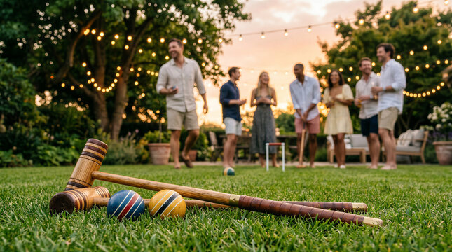 Group of friends playing croquet in a beautiful garden at sunset, enjoying drinks and outdoor lawn games during a summer evening party