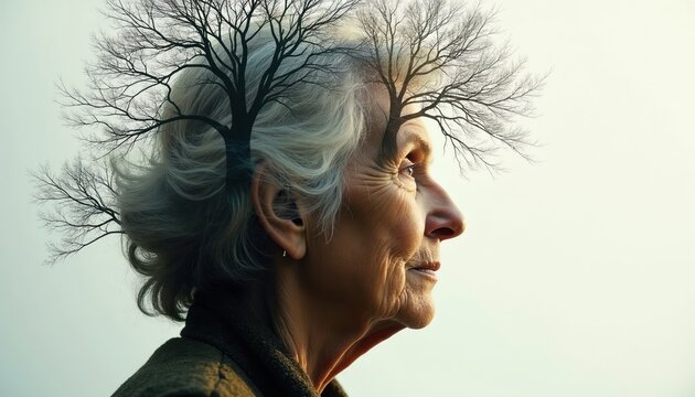 Elderly woman profile superposed with bare trees symbolizes aging. Shows mental health, neural connections, life cycle, and cognitive decline awareness.