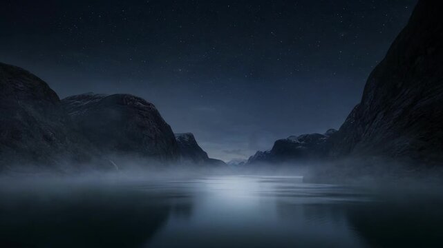 Starry night over misty fjord with mountains and calm reflective water