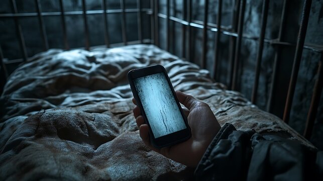 Prisoner holding phone in dark cell, hope