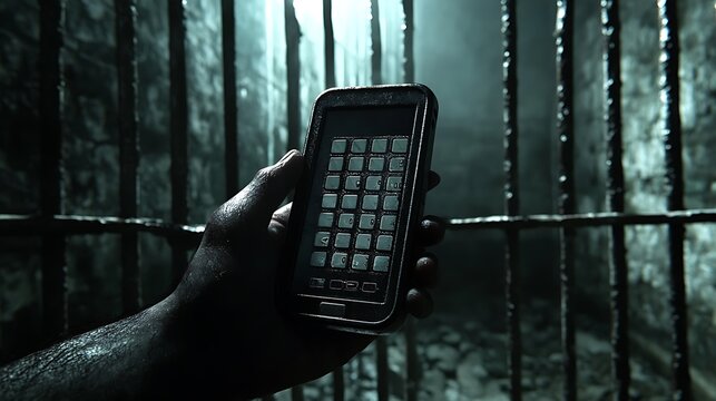 Prisoner using keypad phone in dark cell
