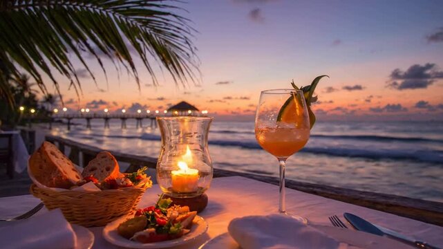 Romantic beachside dinner at sunset with candlelight and tropical cocktail on a tropical island pier