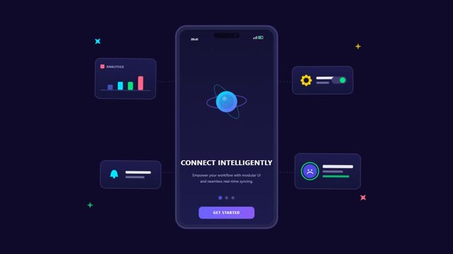 Dynamic mobile application user interface animation featuring data analytics charts and intelligent connection features for high tech software development concepts.
