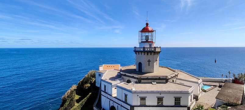 Ponta do Arnel Lighthouse with Red Dome on Clifftop Above Deep Blue Atlantic Ocean, S&atilde;o Miguel, Azores