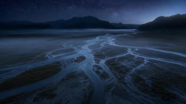 Night landscape with braided river streams under a starry sky and mountains