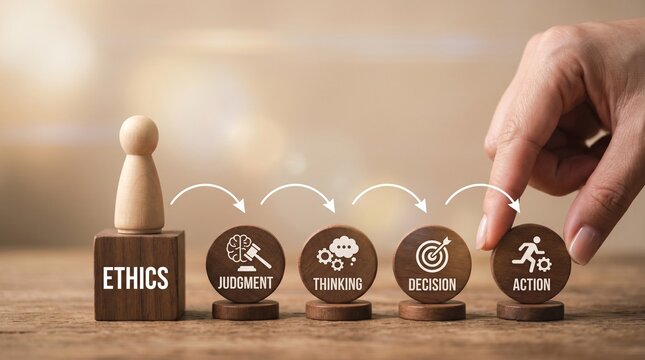 Fingers place a wooden token labeled ethics into a grid representing moral values and decision making.