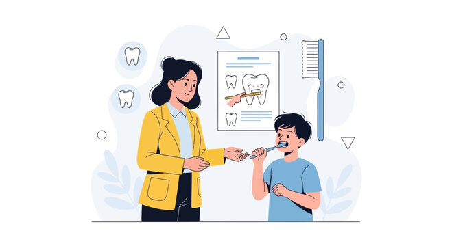 Dentist teaching child how to brush teeth for good oral hygiene. Vector illustration of dental care lesson.