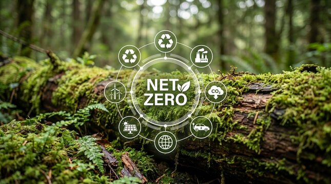 Green forest ground displays circular net zero icons over moss and leaves to represent sustainability progress.