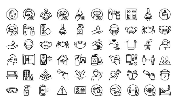 COVID-19 Prevention Outline Icons Set with Avoid Touching Face and Surface Safety Symbols