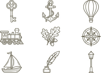 Naklejka premium Set of vintage featuring a key, anchor, hot air balloon, steam train, oak leaves, compass, sailboat, quill pen, and a street lamp