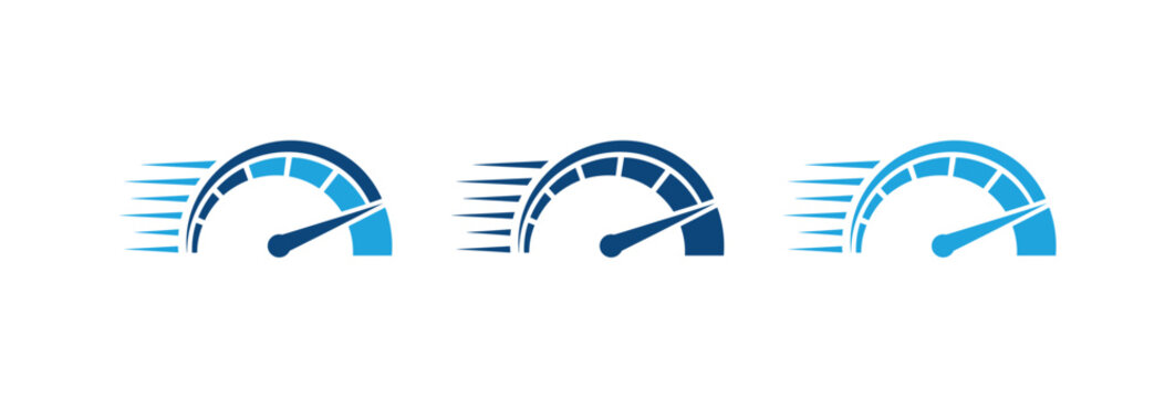 Set of three blue speedometer icons representing high speed and performance.
