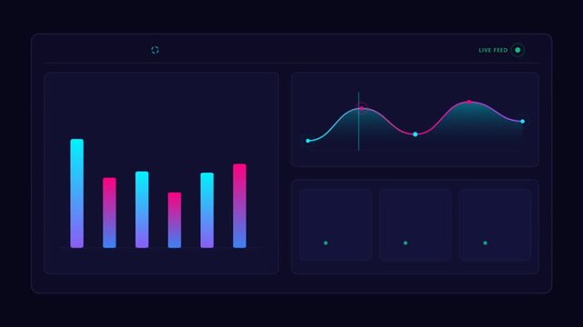 Modern Tech Interface Featuring Vibrant Neon Bar Graphs and Fluctuating Curve Lines for High-Tech Data Visualization and Real-Time Business Performance Monitoring.